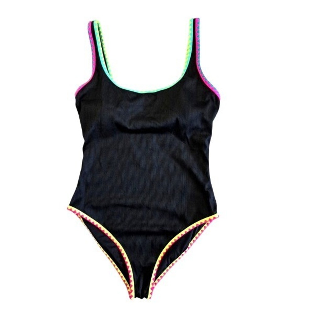 Popvil‎ Women Black Ribbed One Piece Swimsuit Neon Trim Size XL NWT